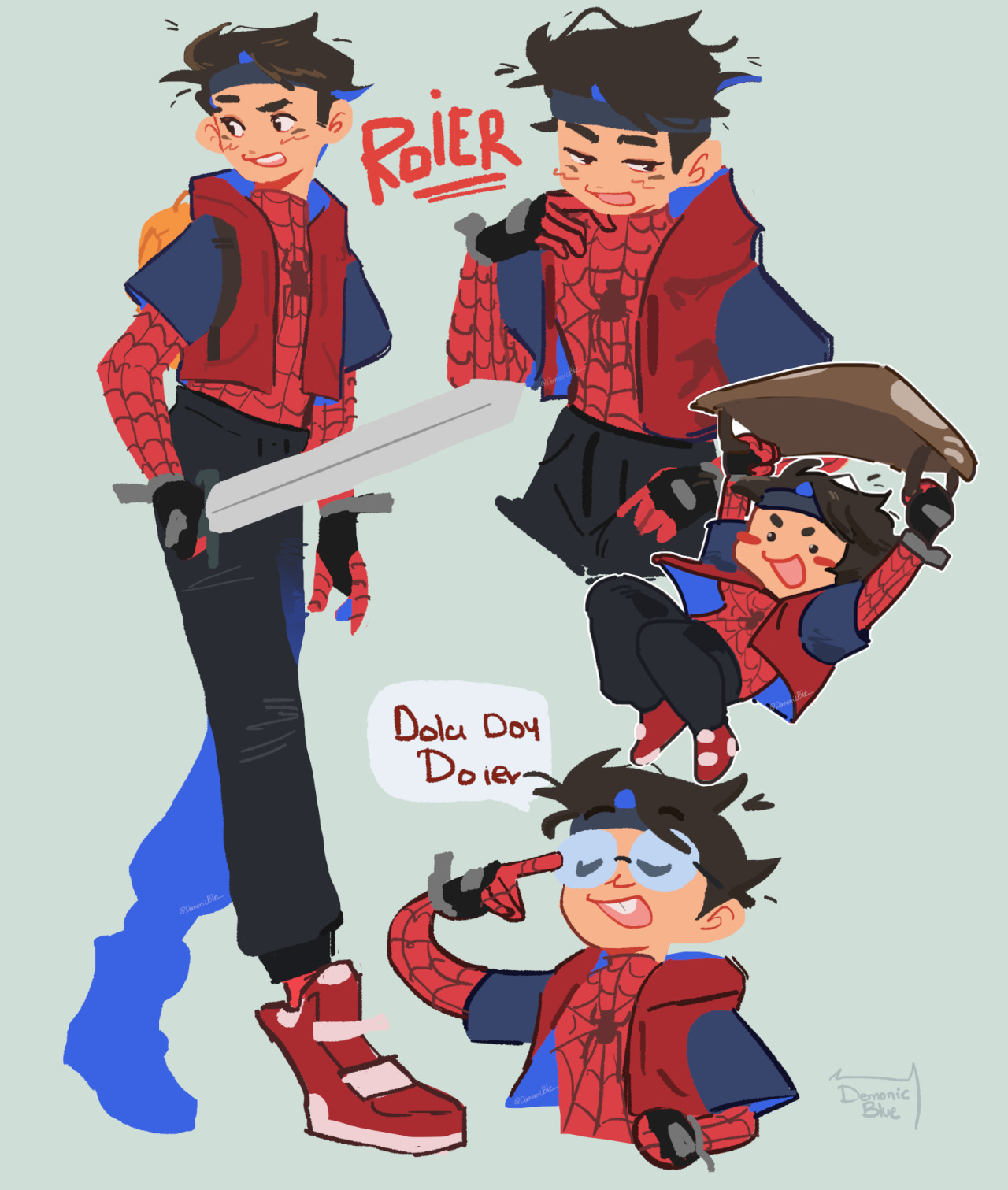 A collage of mulitple drawings of Roier. He wears a similar outfit to his skin, but his shirt is the top of the Spiderman costume, and he wears a loose short-sleeved jaket over it. He also wears a blue ribbon tied around his head like a headband, and black fingerless gloves. He's depicted in various poses, one with his sword ready, one laughing, one using a hang glider, and one as his alter-ego Doied, a nerdy character with glasses.